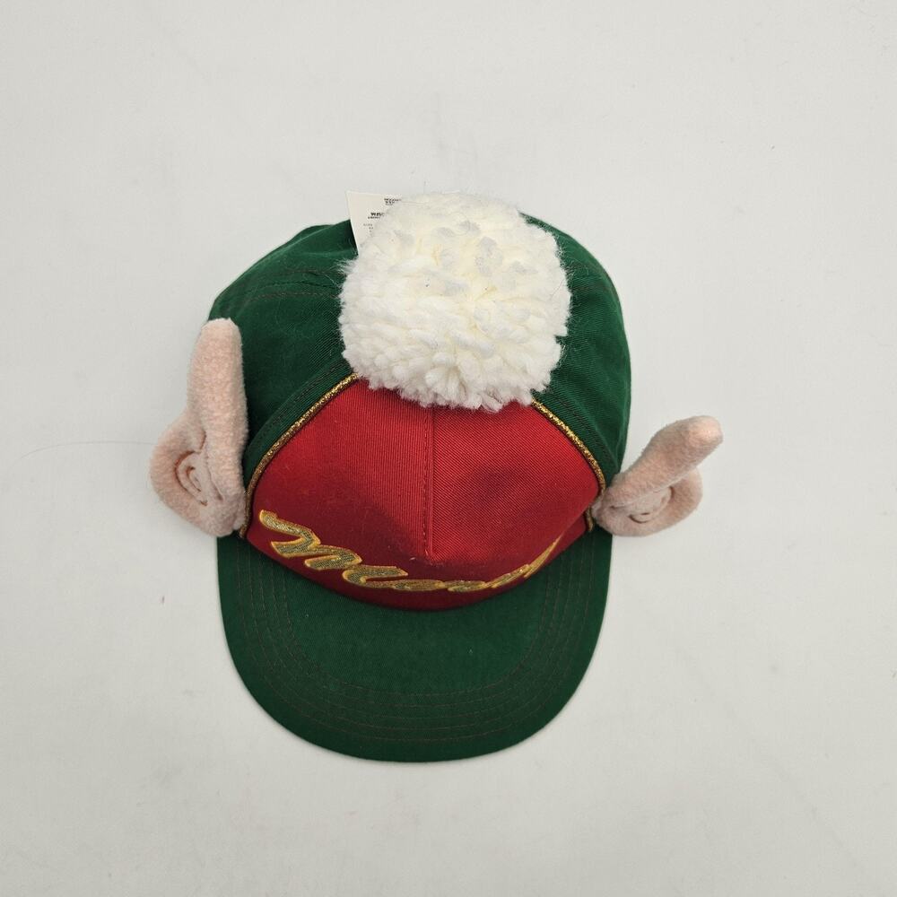 Christmas Elf Merry Hat Cap Snap Back One‎ Size Green Red Pom Pom Ears Glitter - Picture 2 of 11
